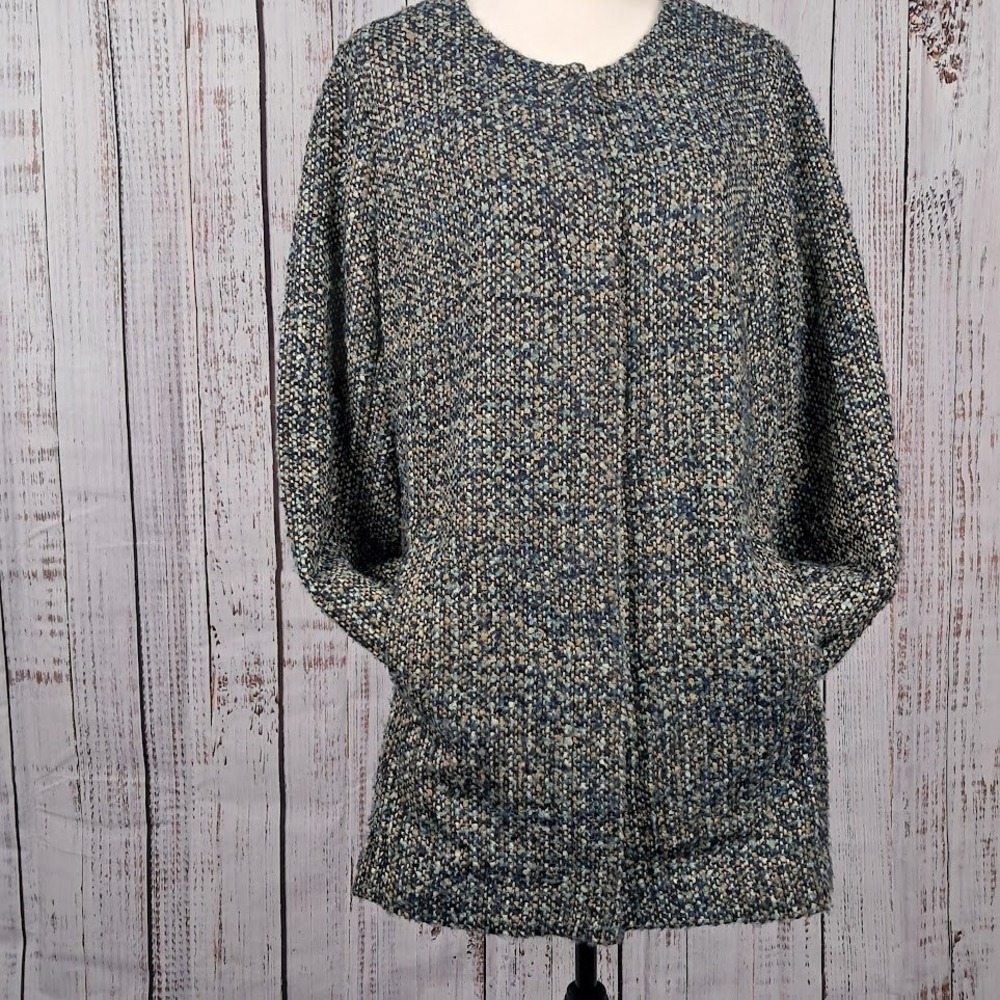 TALBOTS 16 Italian Boucle‎ Tweed Collarless Swing Coat Blue Grey Multi Pockets - Picture 2 of 7